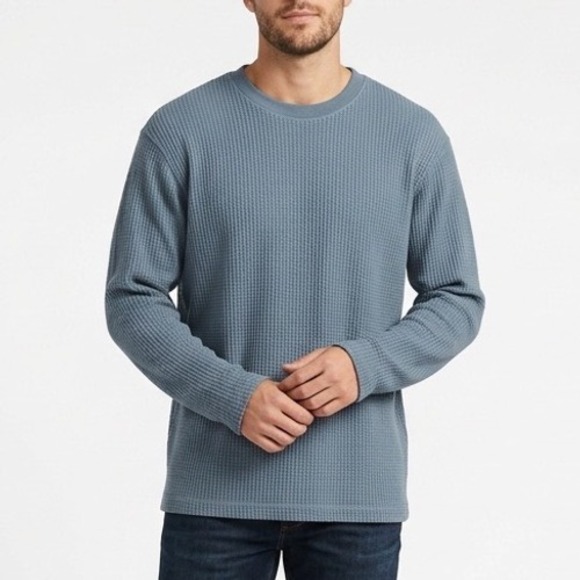 American Giant T-Shirt Mens 2XL Blue Stretch Waffle Knit Crew Neck Long Sleeve